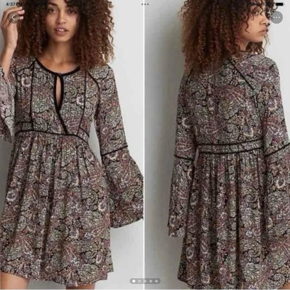 American Eagle Outfitters Paisley Print Bell Sleeve Dress with Black trim